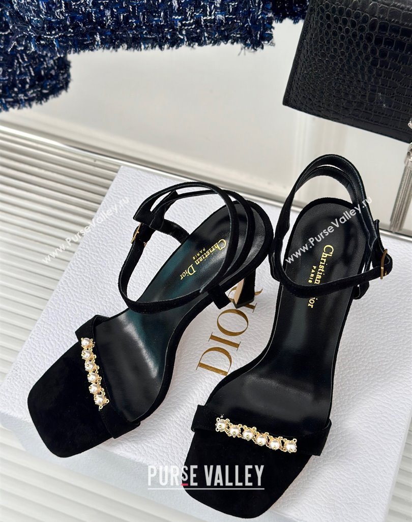 Dior Suede High Heel Sandals 10cm with Pearls Black 2024 0604 (MD-240604004)