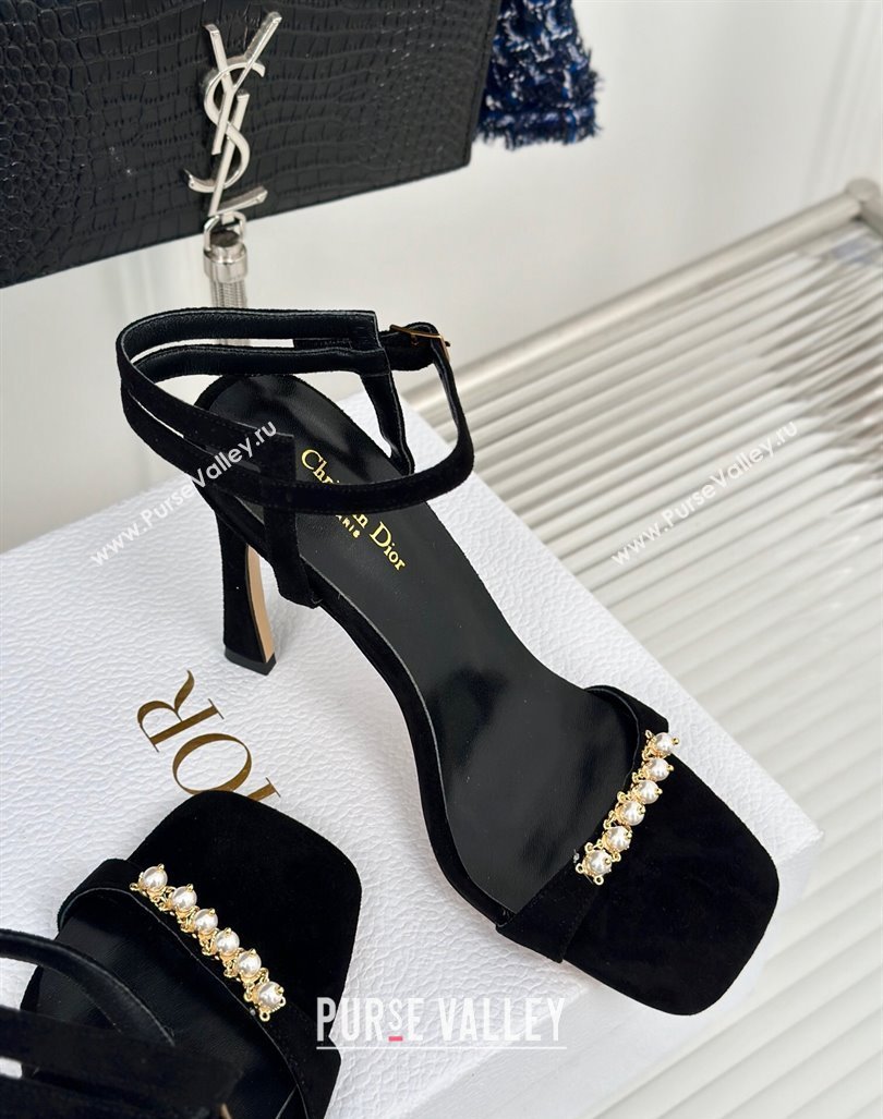 Dior Suede High Heel Sandals 10cm with Pearls Black 2024 0604 (MD-240604004)