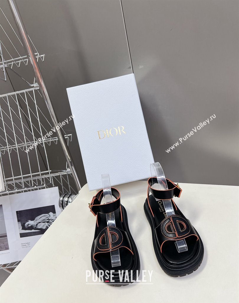 Dior D-Club Sandals with Ankle Strap in Calfskin Black/Orange 2024 0604 (SS-240604027)