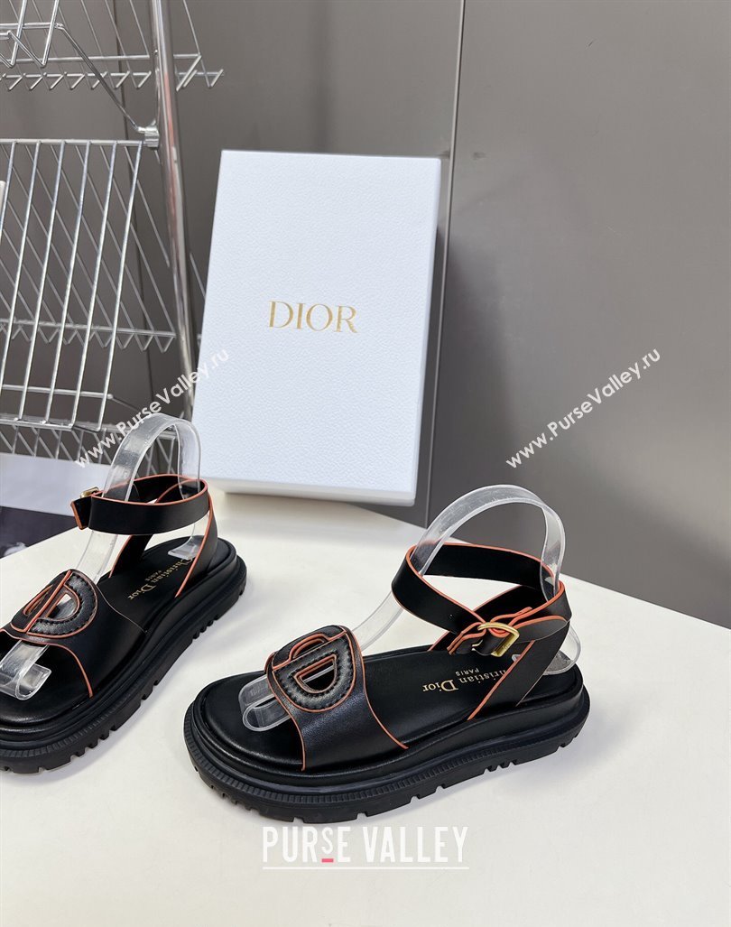 Dior D-Club Sandals with Ankle Strap in Calfskin Black/Orange 2024 0604 (SS-240604027)