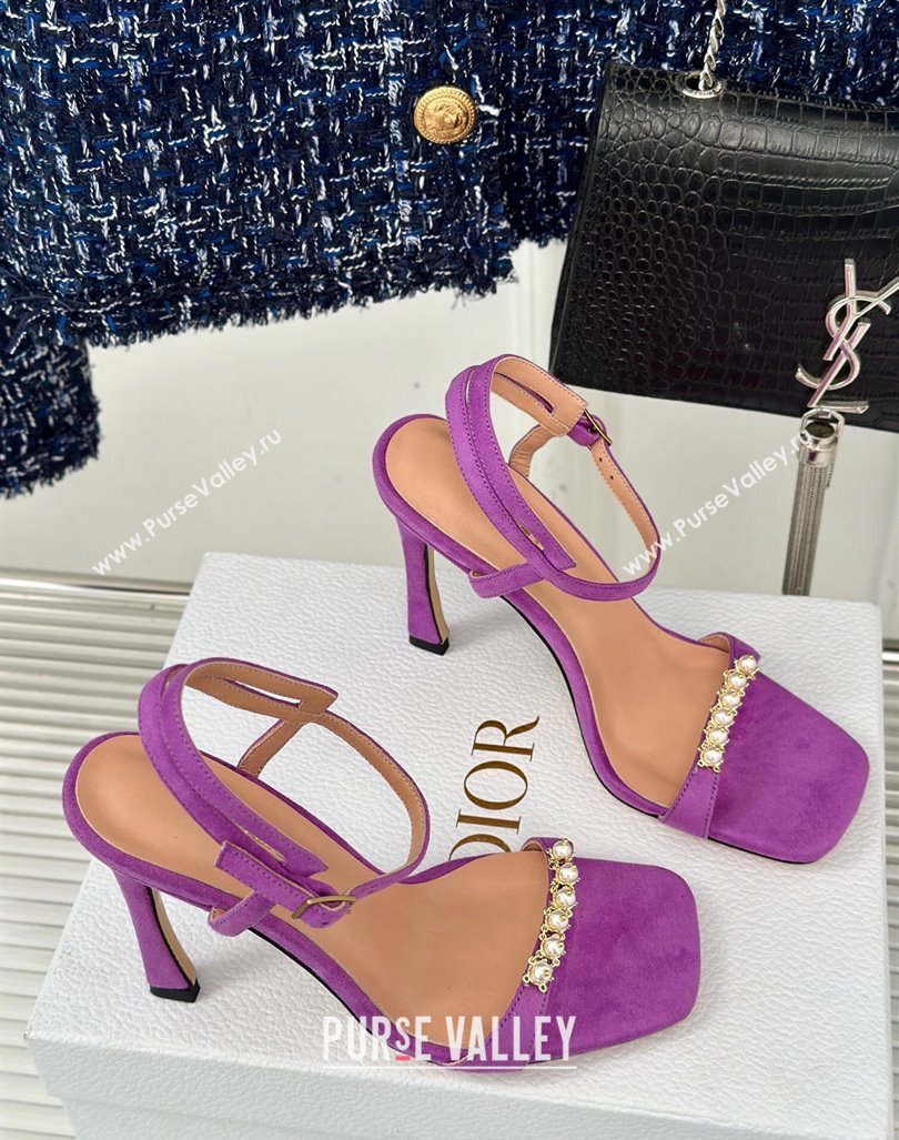 Dior Suede High Heel Sandals 10cm with Pearls Purple 2024 0604 (MD-240604005)