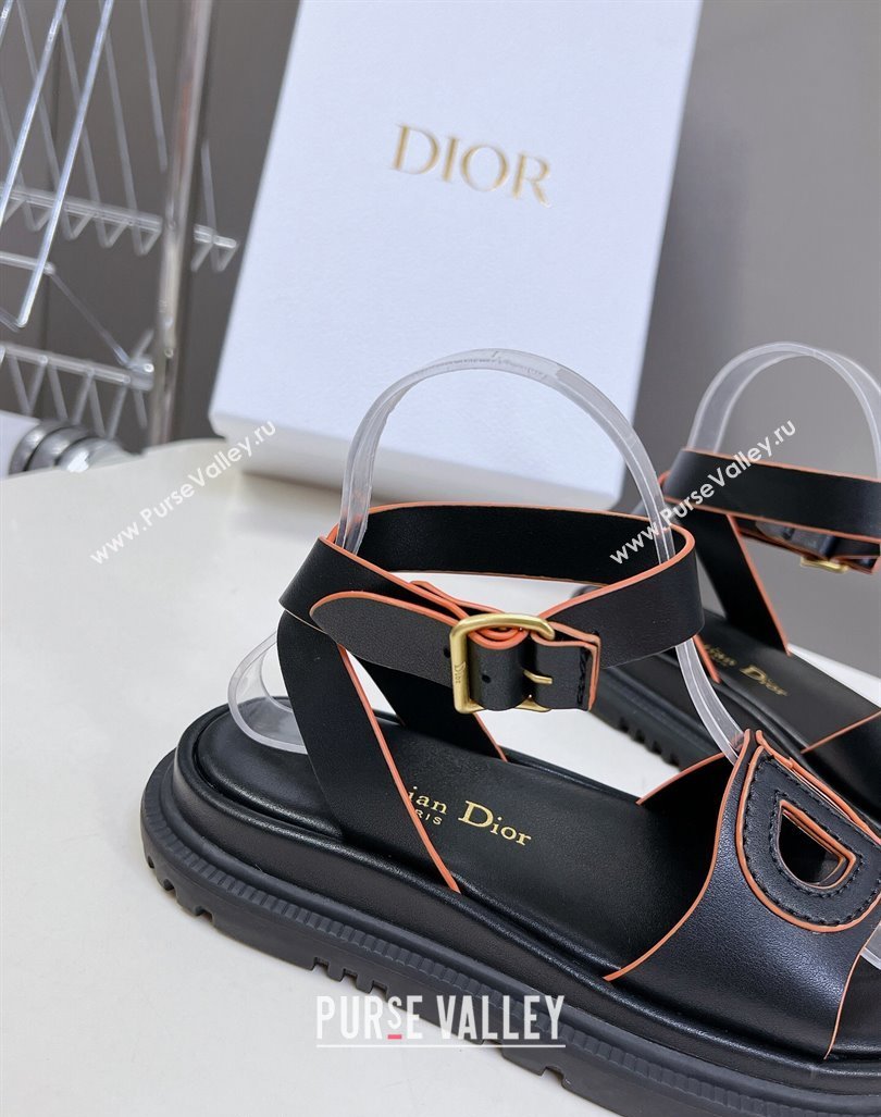 Dior D-Club Sandals with Ankle Strap in Calfskin Black/Orange 2024 0604 (SS-240604027)