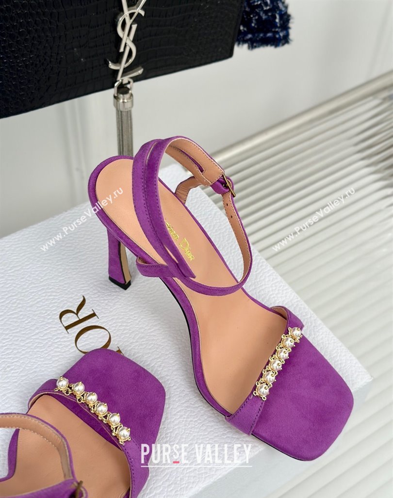 Dior Suede High Heel Sandals 10cm with Pearls Purple 2024 0604 (MD-240604005)