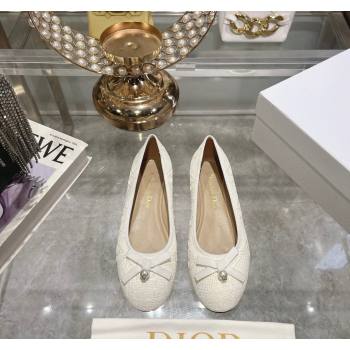 Dior Ballet Flats in Cannage Raffia Straw with Pearl Bow White 2024 0604 (KL-240604078)