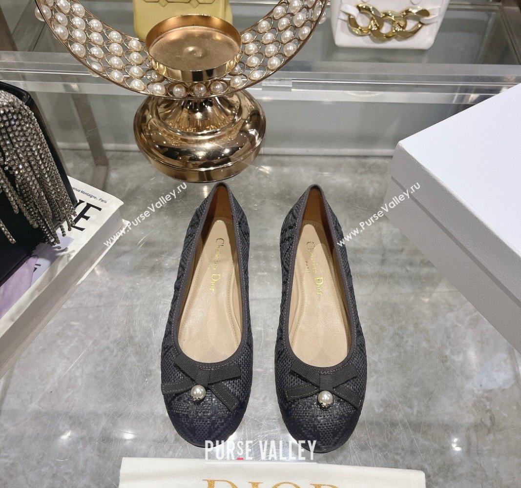 Dior Ballet Flats in Cannage Raffia Straw with Pearl Bow Grey 2024 0604 (KL-240604079)