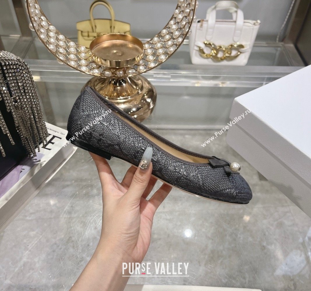 Dior Ballet Flats in Cannage Raffia Straw with Pearl Bow Grey 2024 0604 (KL-240604079)