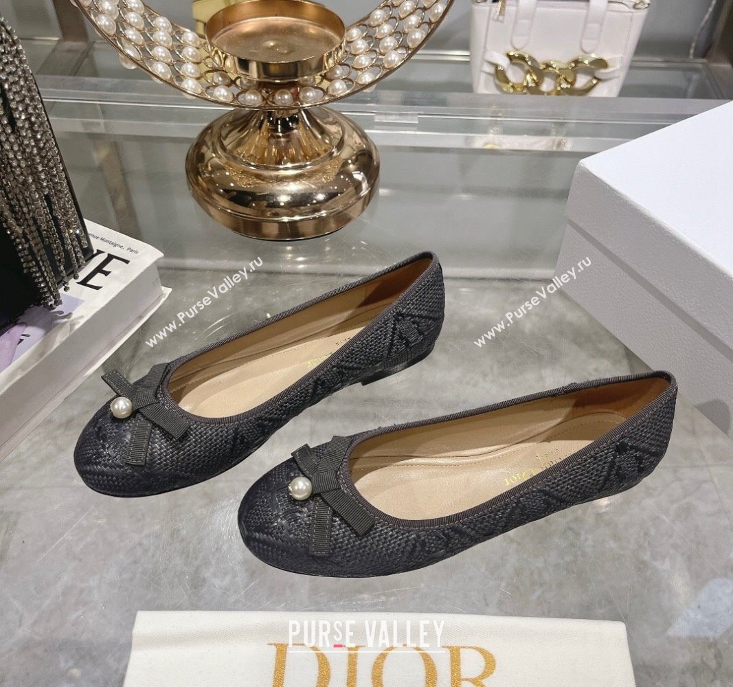 Dior Ballet Flats in Cannage Raffia Straw with Pearl Bow Grey 2024 0604 (KL-240604079)