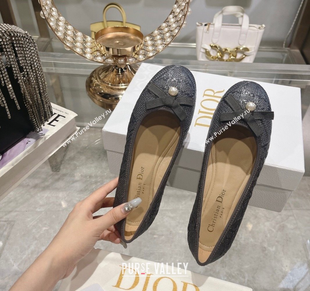 Dior Ballet Flats in Cannage Raffia Straw with Pearl Bow Grey 2024 0604 (KL-240604079)