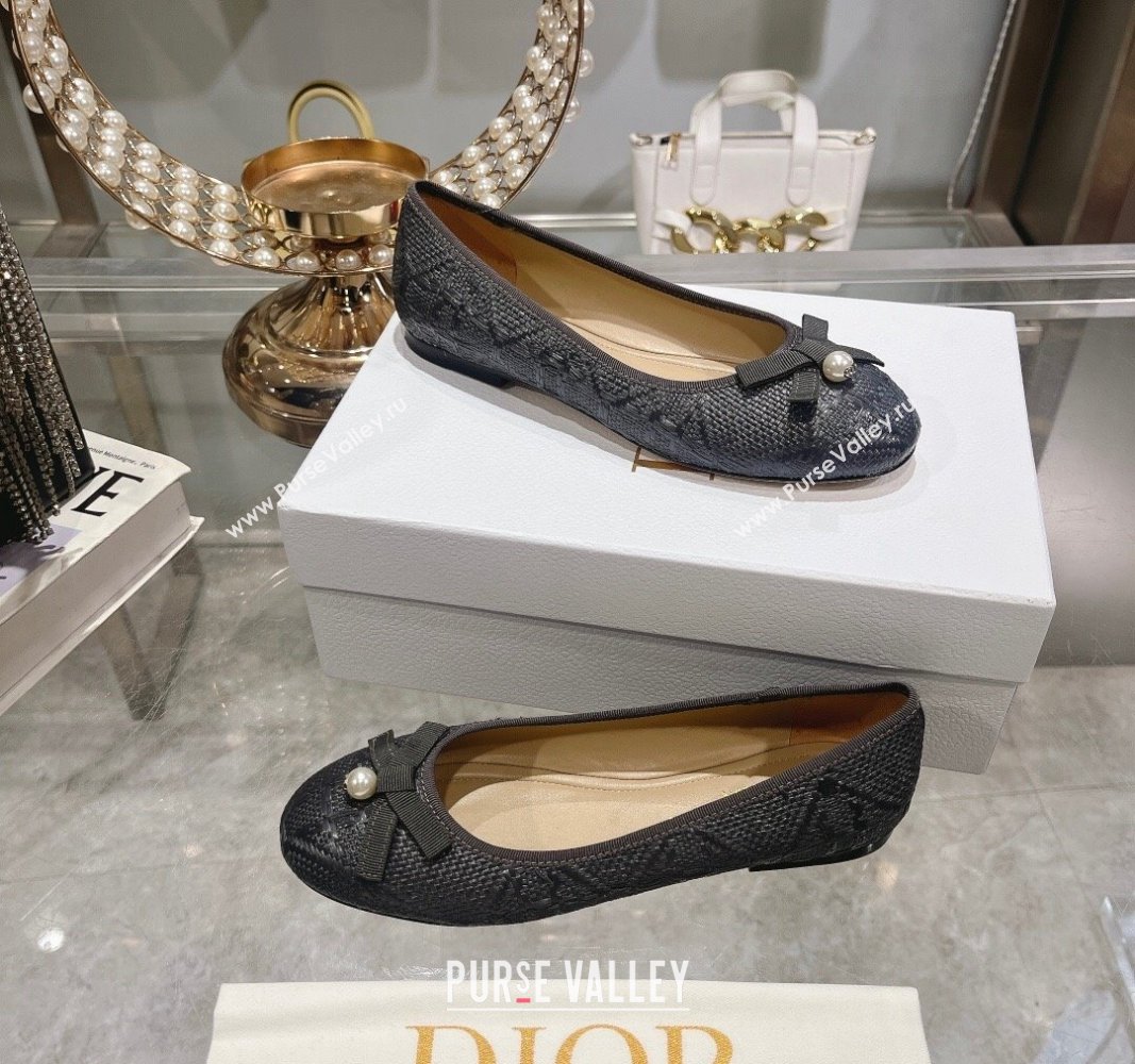 Dior Ballet Flats in Cannage Raffia Straw with Pearl Bow Grey 2024 0604 (KL-240604079)