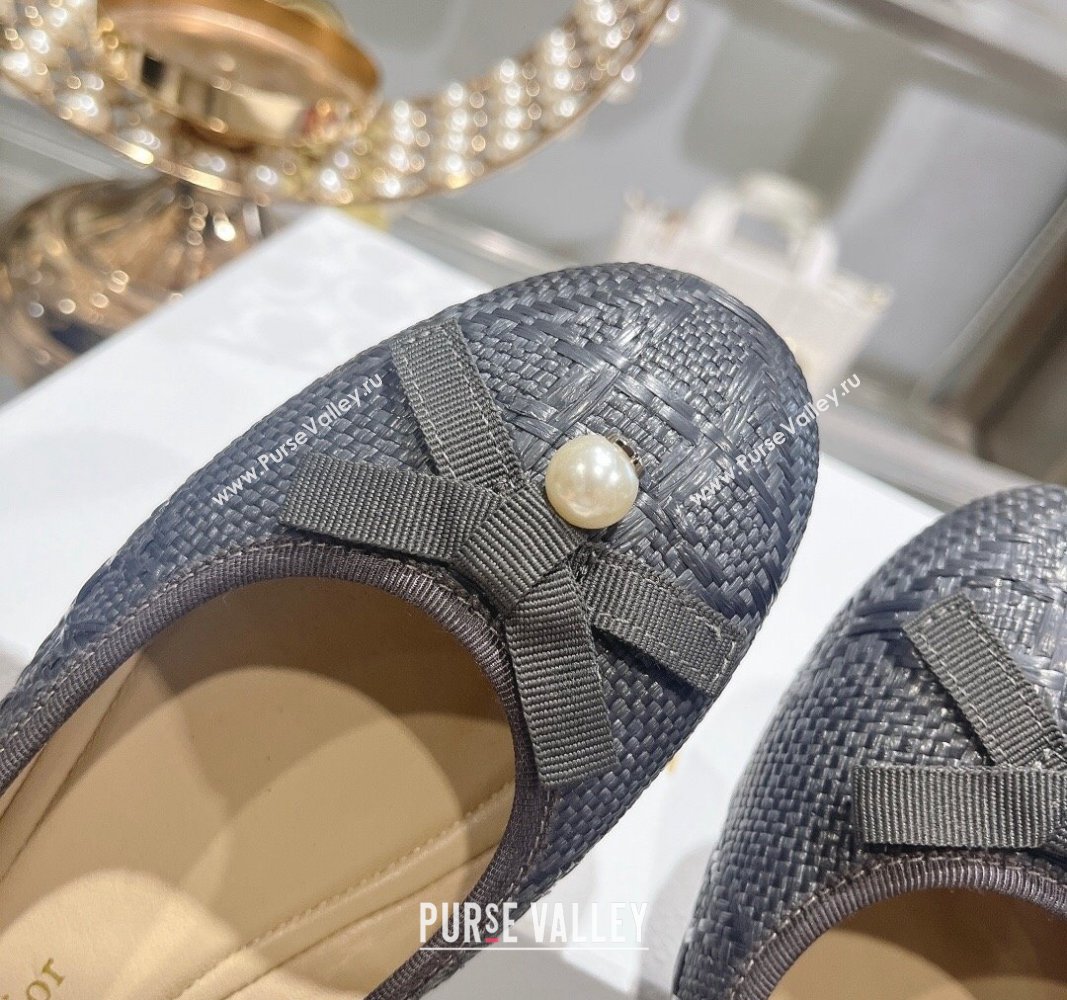 Dior Ballet Flats in Cannage Raffia Straw with Pearl Bow Grey 2024 0604 (KL-240604079)