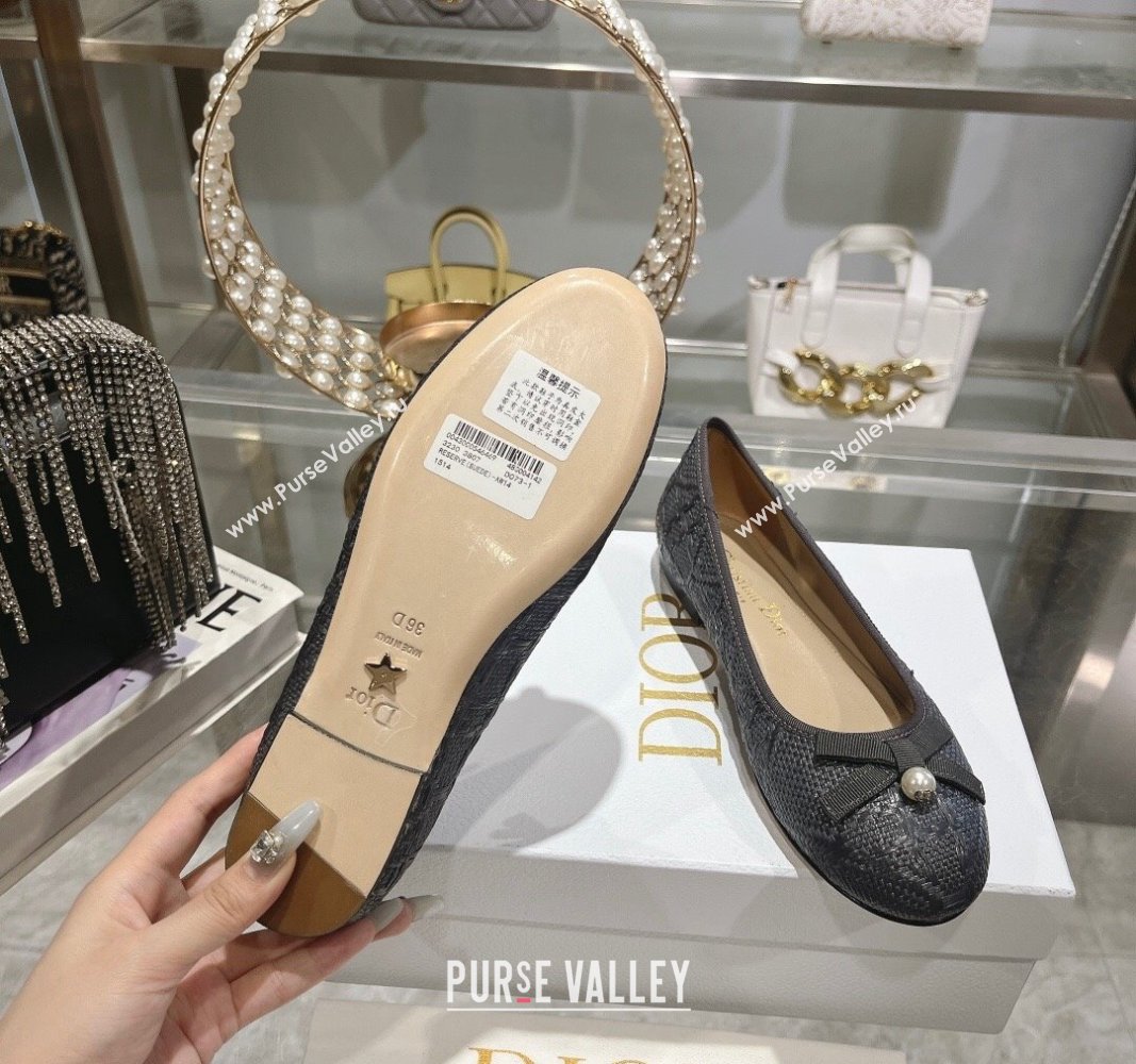 Dior Ballet Flats in Cannage Raffia Straw with Pearl Bow Grey 2024 0604 (KL-240604079)