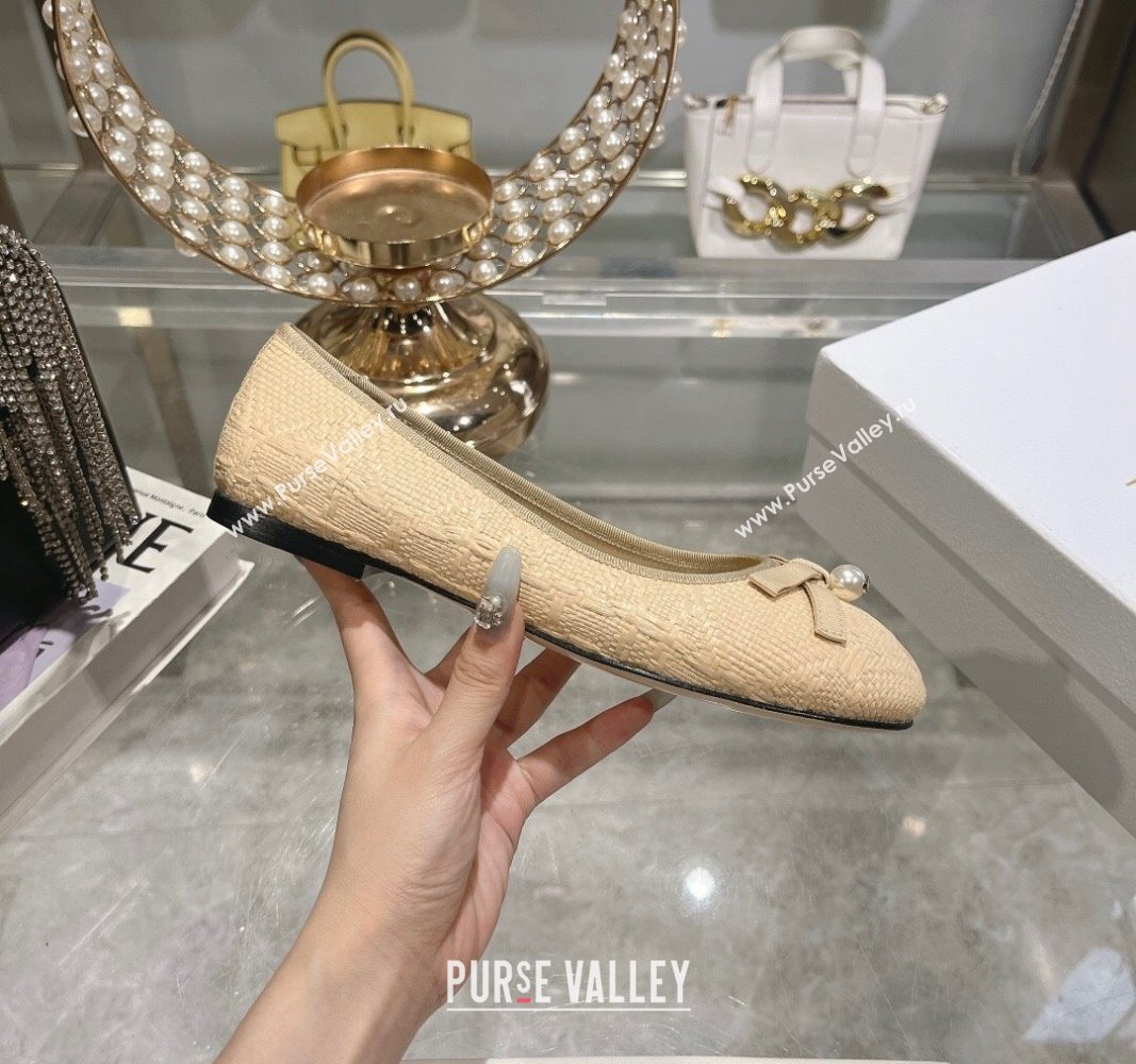 Dior Ballet Flats in Cannage Raffia Straw with Pearl Bow Beige 2024 0604 (KL-240604080)