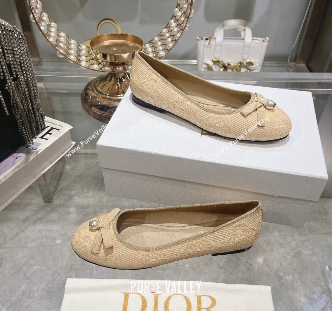 Dior Ballet Flats in Cannage Raffia Straw with Pearl Bow Beige 2024 0604 (KL-240604080)