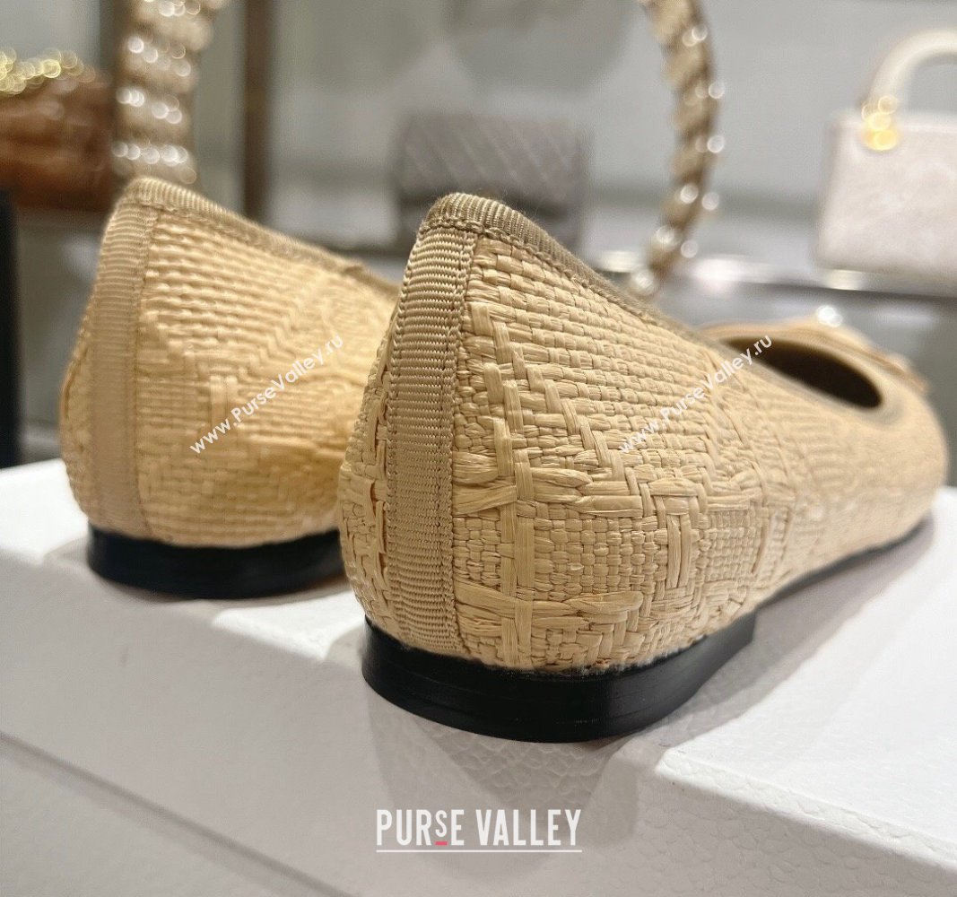 Dior Ballet Flats in Cannage Raffia Straw with Pearl Bow Beige 2024 0604 (KL-240604080)