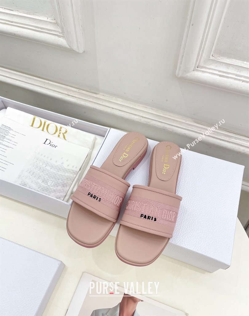 Dior Dway Flat Slide Sandals in Embroidered Calfskin Pink 2024 0604 (MD-240604081)