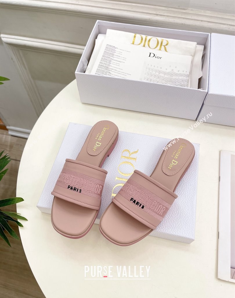 Dior Dway Flat Slide Sandals in Embroidered Calfskin Pink 2024 0604 (MD-240604081)