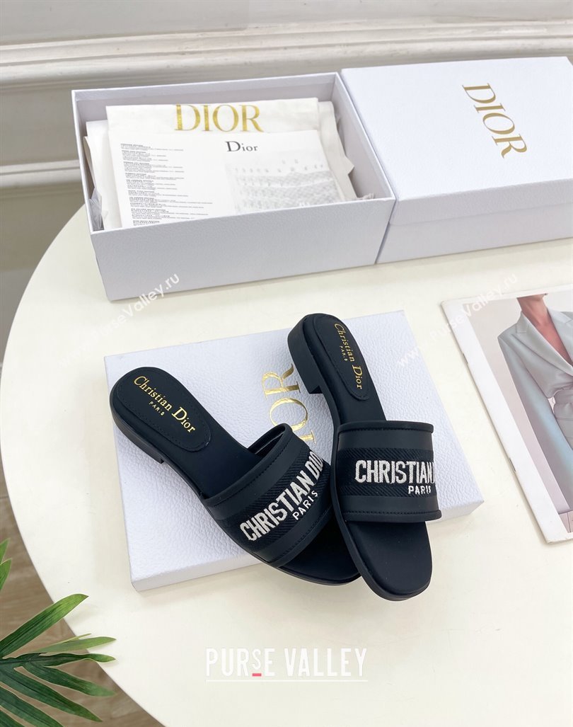 Dior Dway Flat Slide Sandals in Embroidered Calfskin Black 2024 0604 (MD-240604083)