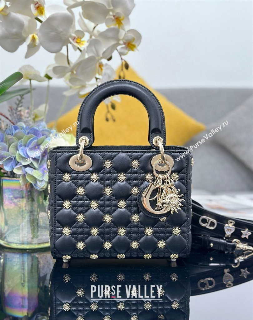 Dior Small Lady Dior MY ABCDior Bag in Black Cannage Lambskin with Gold-Finish Sun Studs 2024 (XXG-240624084)