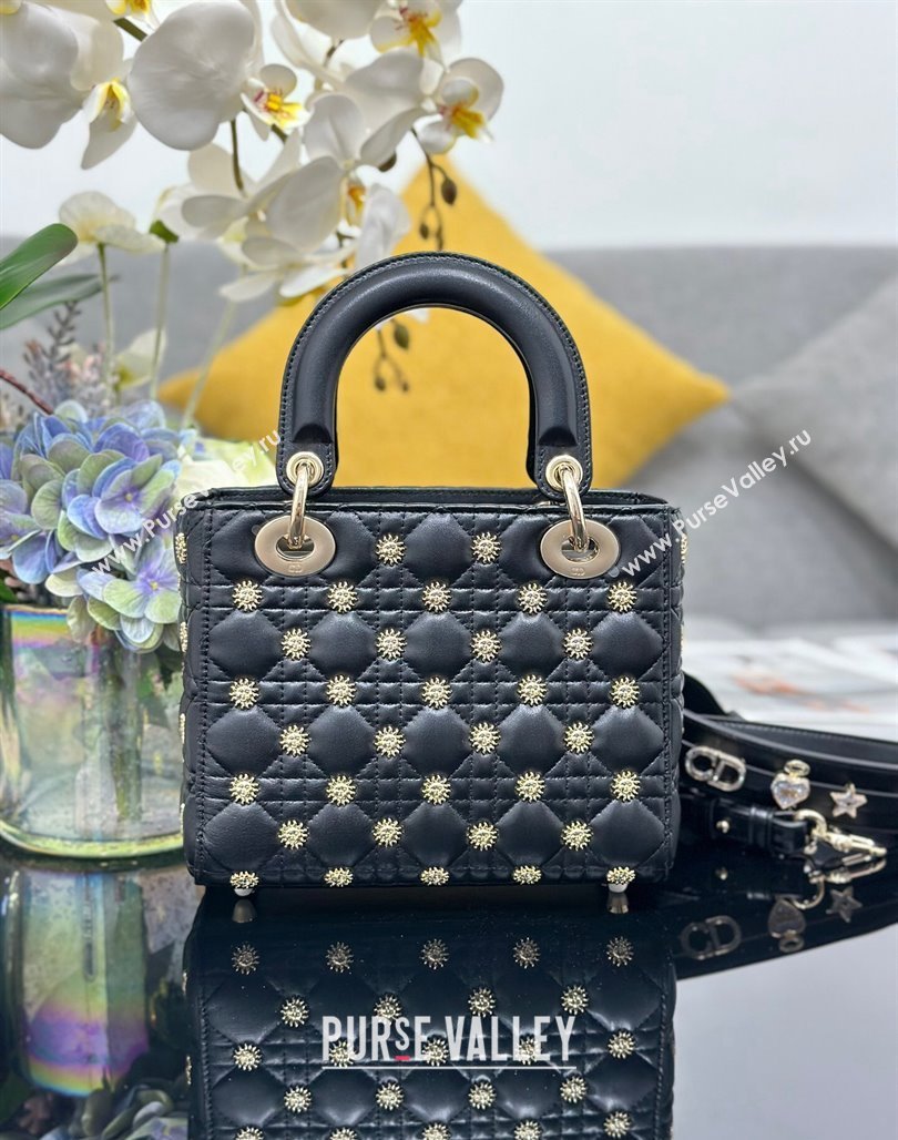 Dior Small Lady Dior MY ABCDior Bag in Black Cannage Lambskin with Gold-Finish Sun Studs 2024 (XXG-240624084)