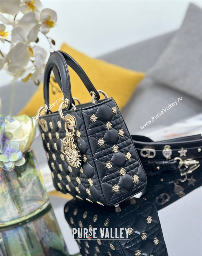 Dior Small Lady Dior MY ABCDior Bag in Black Cannage Lambskin with Gold-Finish Sun Studs 2024 (XXG-240624084)