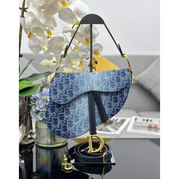 Dior Medium Saddle Bag with Strap in Blue Denim Dior Oblique Jacquard 2024 (XXG-240624080)