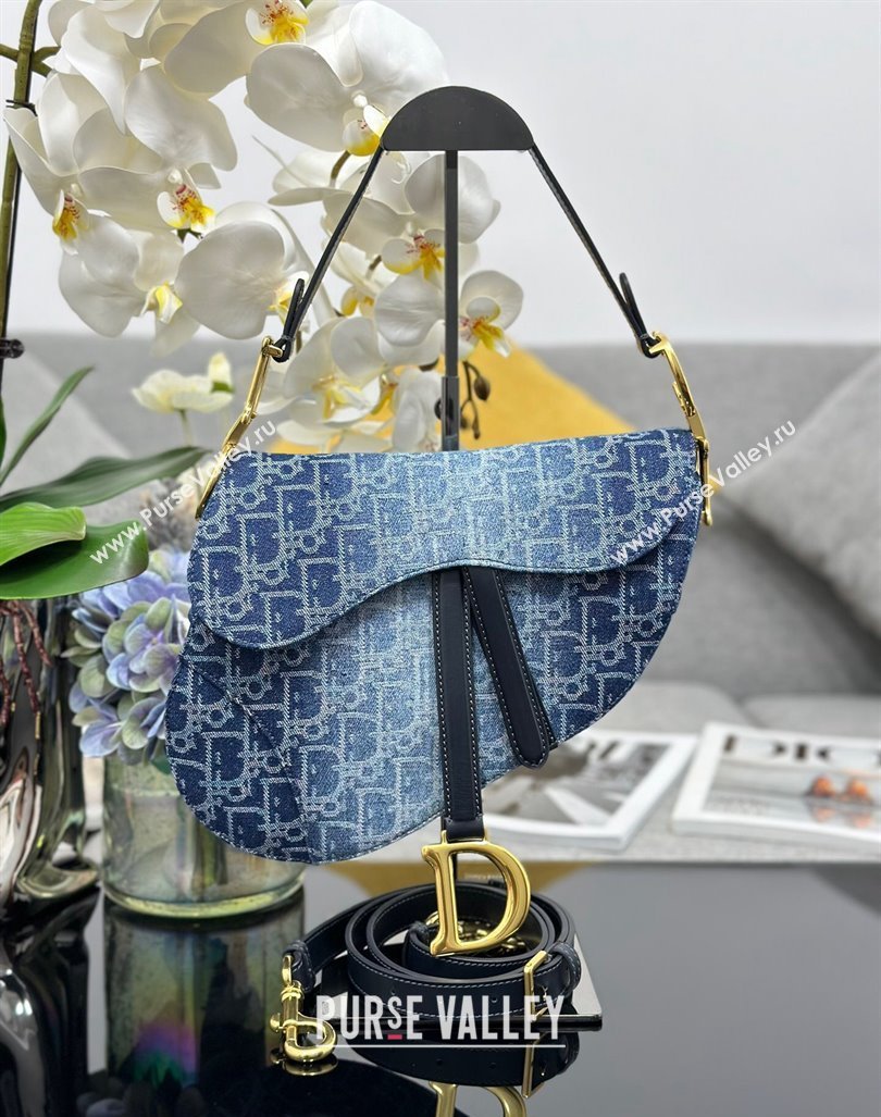 Dior Medium Saddle Bag with Strap in Blue Denim Dior Oblique Jacquard 2024 (XXG-240624080)