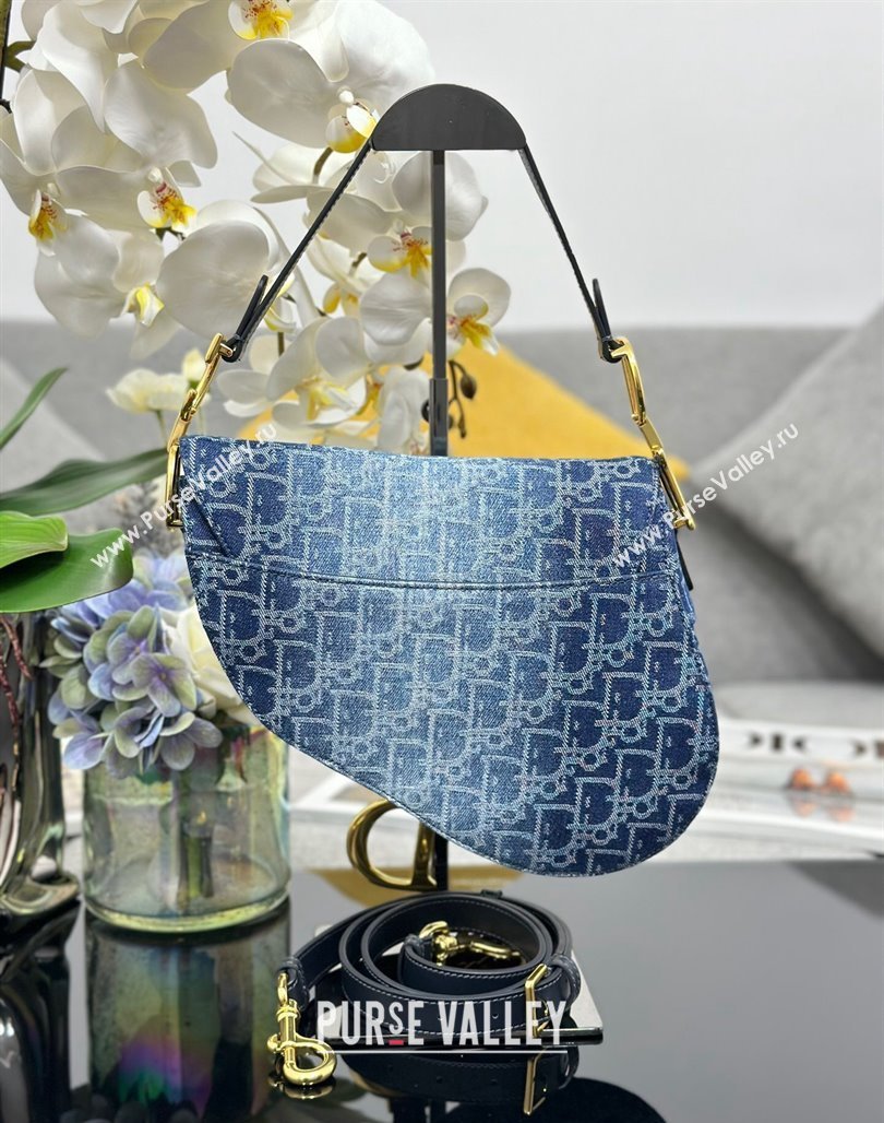 Dior Medium Saddle Bag with Strap in Blue Denim Dior Oblique Jacquard 2024 (XXG-240624080)