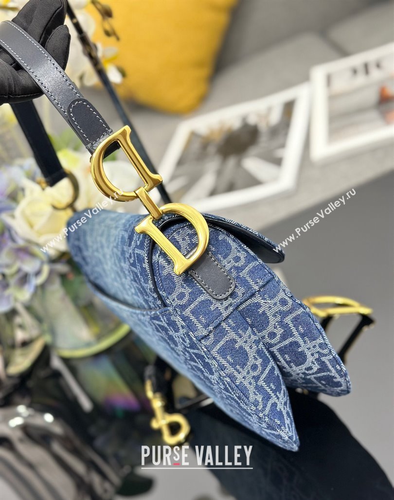 Dior Medium Saddle Bag with Strap in Blue Denim Dior Oblique Jacquard 2024 (XXG-240624080)