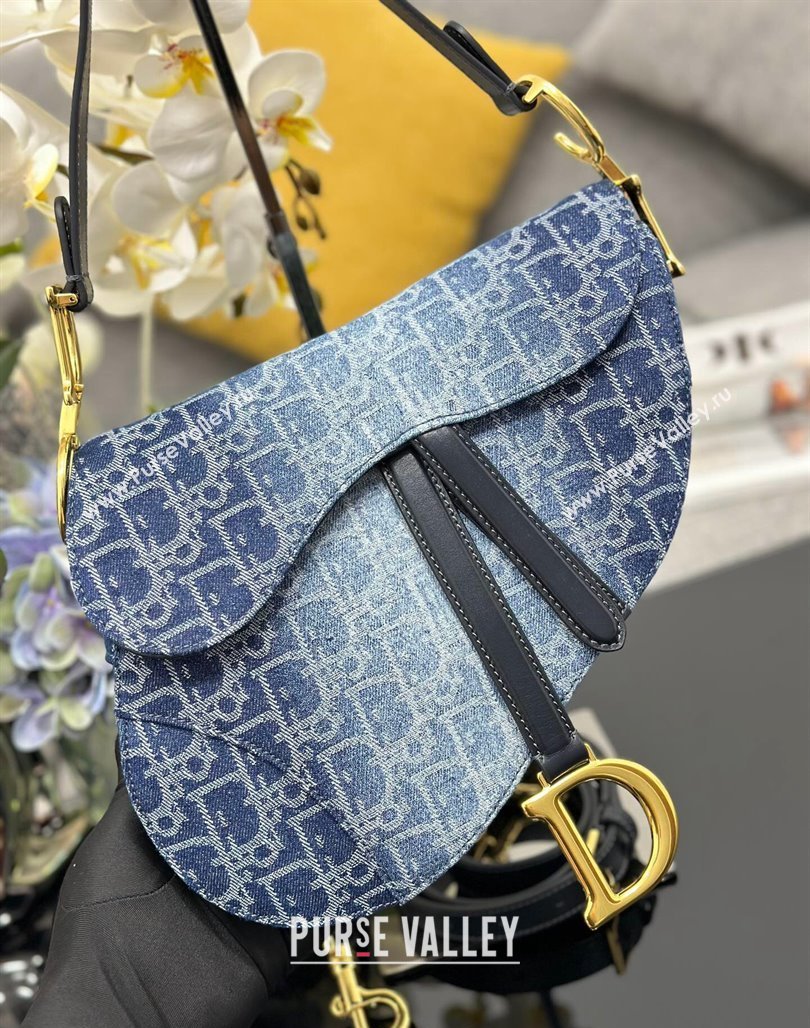 Dior Medium Saddle Bag with Strap in Blue Denim Dior Oblique Jacquard 2024 (XXG-240624080)