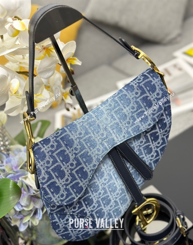 Dior Medium Saddle Bag with Strap in Blue Denim Dior Oblique Jacquard 2024 (XXG-240624080)