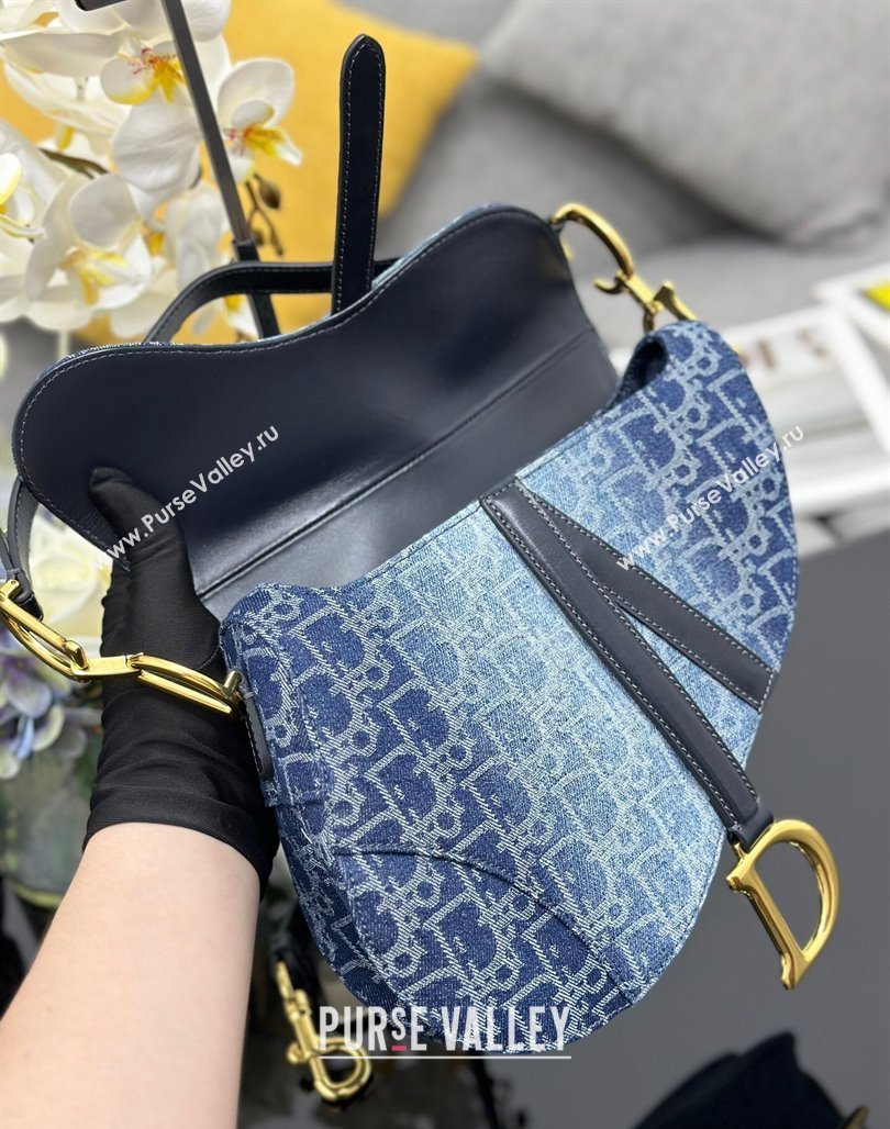 Dior Medium Saddle Bag with Strap in Blue Denim Dior Oblique Jacquard 2024 (XXG-240624080)