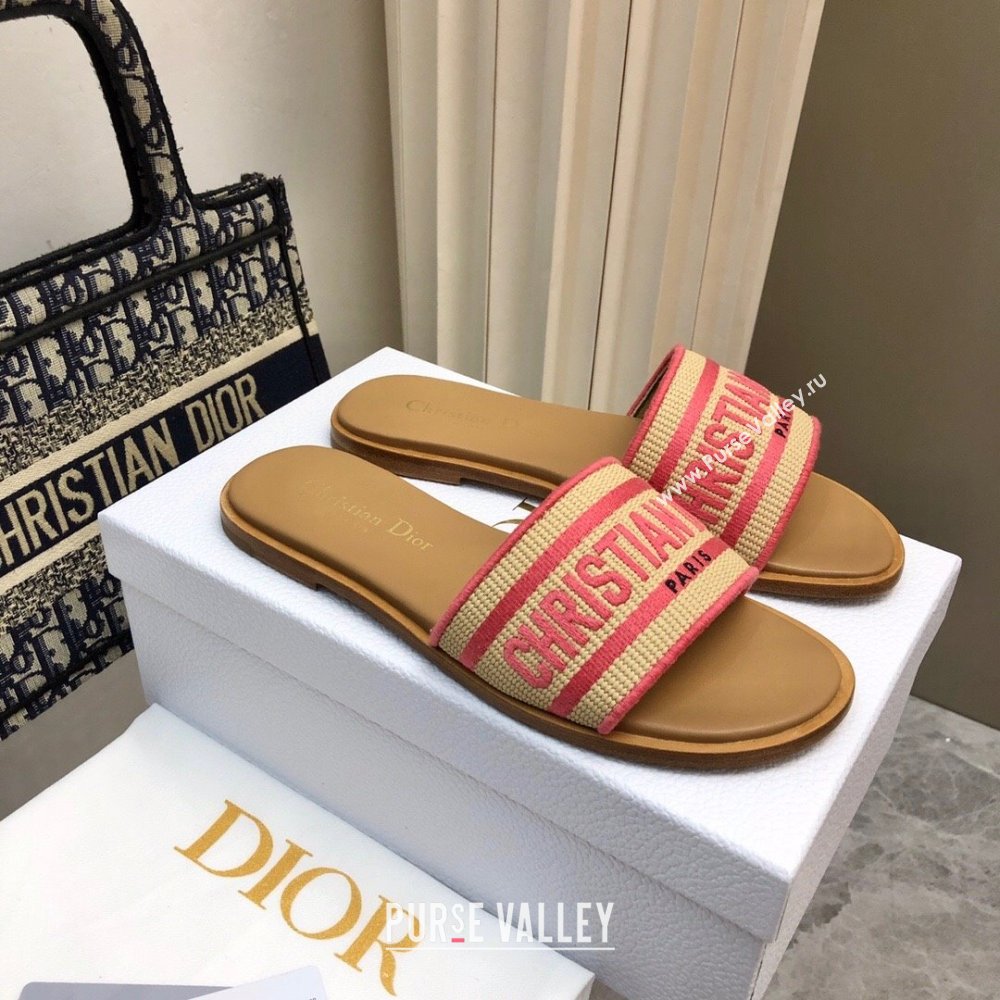 Dior Dioriviera Dway Flat Slides Sandal in Raffia Straw and Embroidered Cotton Pink 2024 NO.171 (MD-240702036)