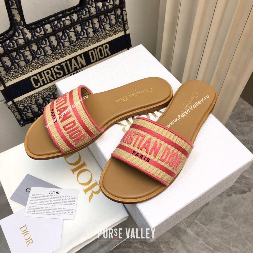 Dior Dioriviera Dway Flat Slides Sandal in Raffia Straw and Embroidered Cotton Pink 2024 NO.171 (MD-240702036)
