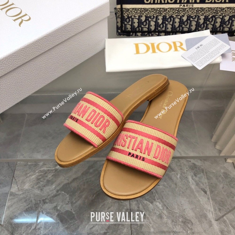 Dior Dioriviera Dway Flat Slides Sandal in Raffia Straw and Embroidered Cotton Pink 2024 NO.171 (MD-240702036)