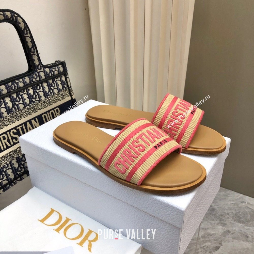 Dior Dioriviera Dway Flat Slides Sandal in Raffia Straw and Embroidered Cotton Pink 2024 NO.171 (MD-240702036)