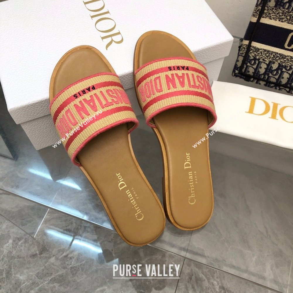 Dior Dioriviera Dway Flat Slides Sandal in Raffia Straw and Embroidered Cotton Pink 2024 NO.171 (MD-240702036)