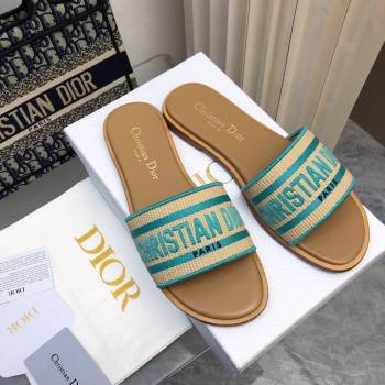 Dior Dioriviera Dway Flat Slides Sandal in Raffia Straw and Embroidered Cotton Green 2024 NO.171 (MD-240702037)