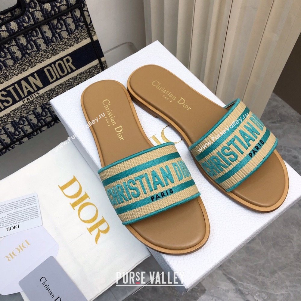 Dior Dioriviera Dway Flat Slides Sandal in Raffia Straw and Embroidered Cotton Green 2024 NO.171 (MD-240702037)