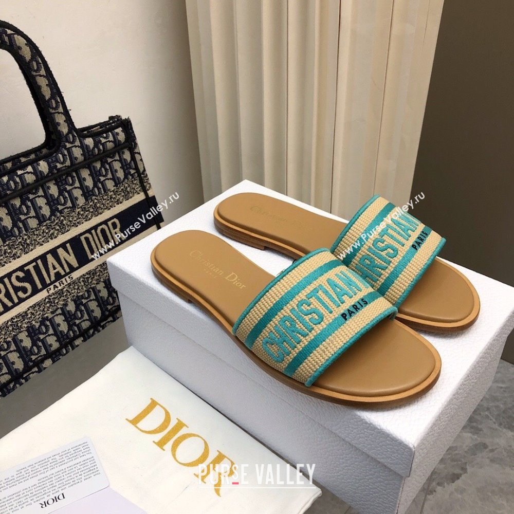 Dior Dioriviera Dway Flat Slides Sandal in Raffia Straw and Embroidered Cotton Green 2024 NO.171 (MD-240702037)