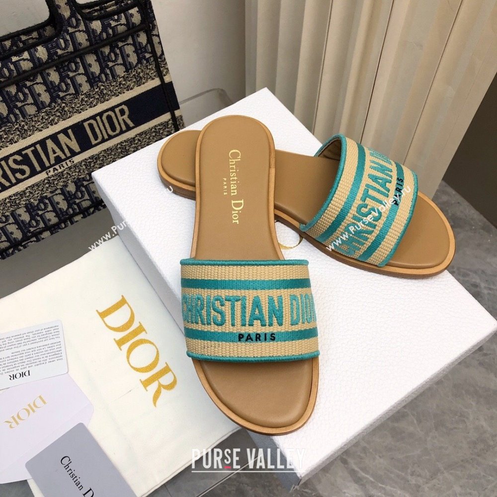 Dior Dioriviera Dway Flat Slides Sandal in Raffia Straw and Embroidered Cotton Green 2024 NO.171 (MD-240702037)