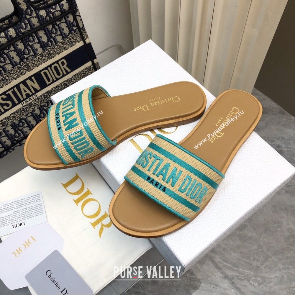 Dior Dioriviera Dway Flat Slides Sandal in Raffia Straw and Embroidered Cotton Green 2024 NO.171 (MD-240702037)