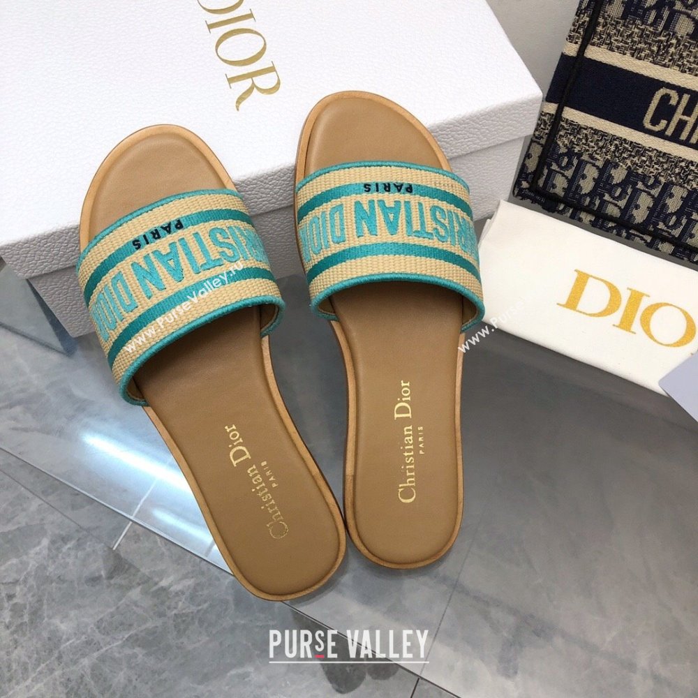 Dior Dioriviera Dway Flat Slides Sandal in Raffia Straw and Embroidered Cotton Green 2024 NO.171 (MD-240702037)