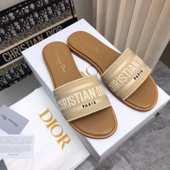 Dior Dioriviera Dway Flat Slides Sandal in Raffia Straw and Embroidered Cotton Beige 2024 NO.171 (MD-240702038)