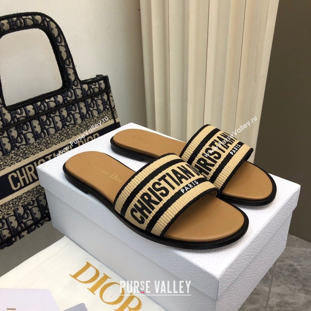 Dior Dioriviera Dway Flat Slides Sandal in Raffia Straw and Embroidered Cotton Black 2024 NO.171 (MD-240702039)