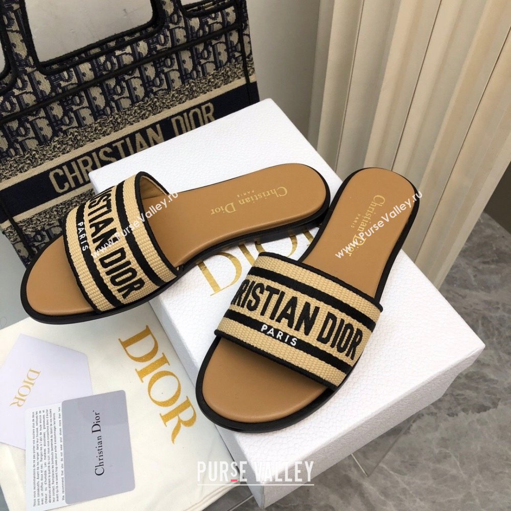 Dior Dioriviera Dway Flat Slides Sandal in Raffia Straw and Embroidered Cotton Black 2024 NO.171 (MD-240702039)