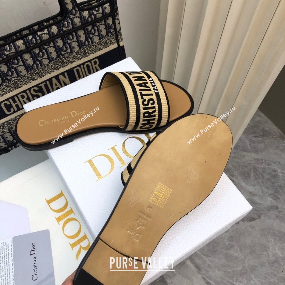 Dior Dioriviera Dway Flat Slides Sandal in Raffia Straw and Embroidered Cotton Black 2024 NO.171 (MD-240702039)