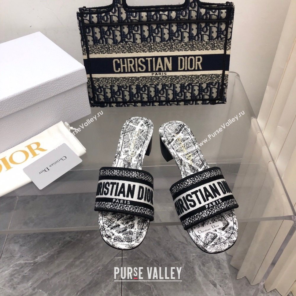 Dior Dway Heel Slides Sandal 4cm in White and Black Embroidered Cotton with Plan de Paris Motif 2024 NO.127 (MD-240702019)