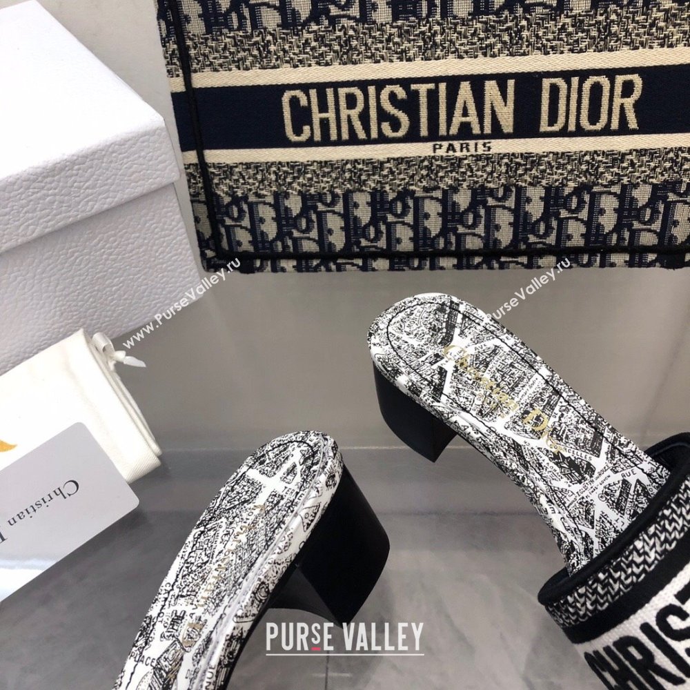 Dior Dway Heel Slides Sandal 4cm in White and Black Embroidered Cotton with Plan de Paris Motif 2024 NO.127 (MD-240702019)