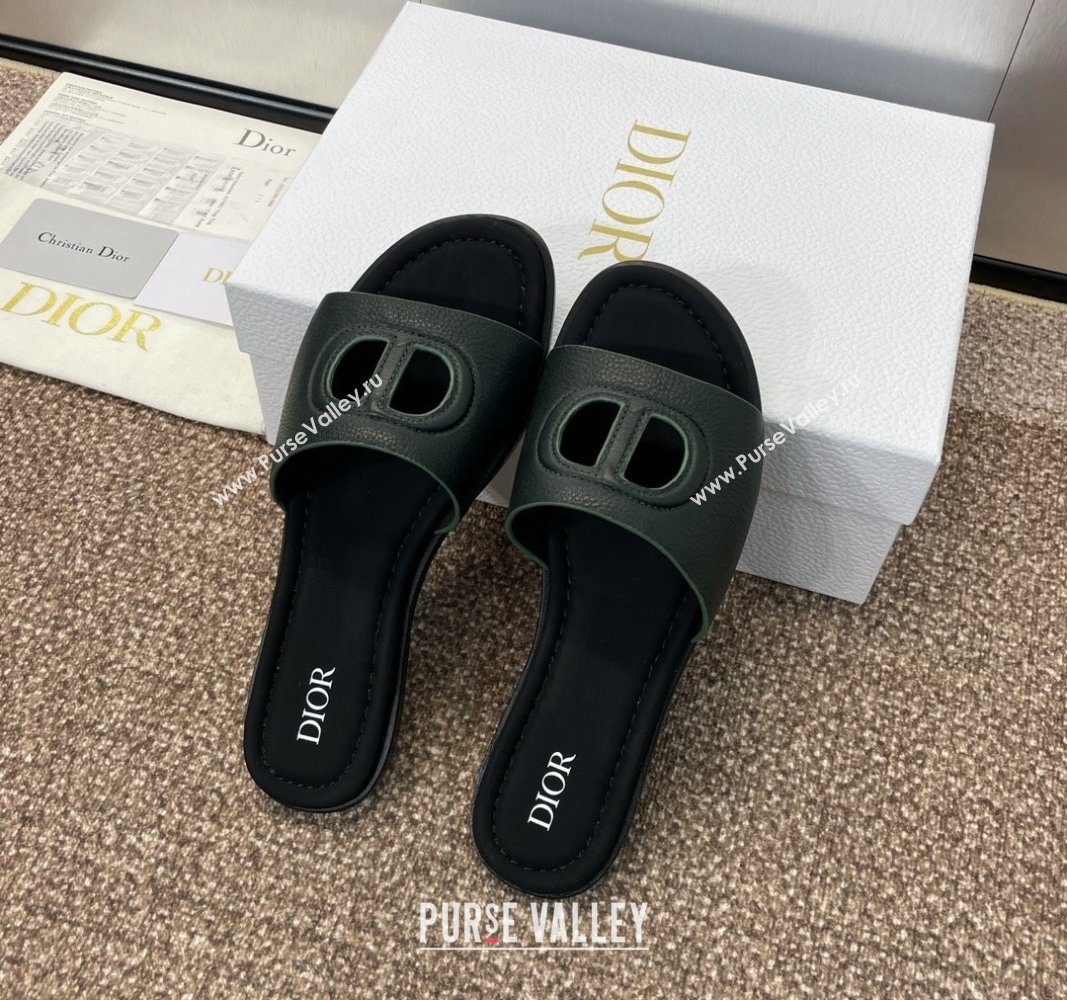 Dior D-Club CD Flat Slides Sandal in Grained Calfskin Green 2024 (MD-240702091)