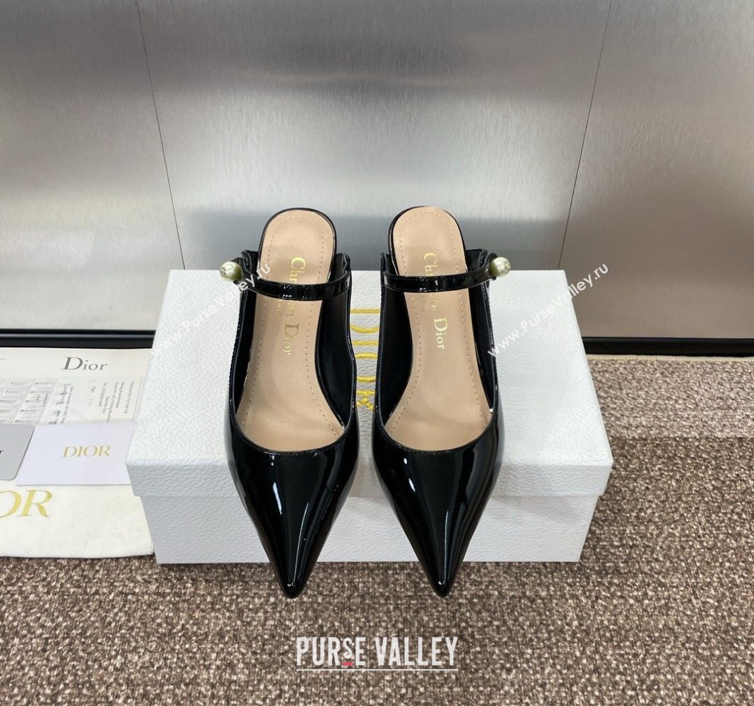 Dior Jolie Heeled Mules 7cm in Black Patent Calfskin with Pearls 2024 (MD-240702058)